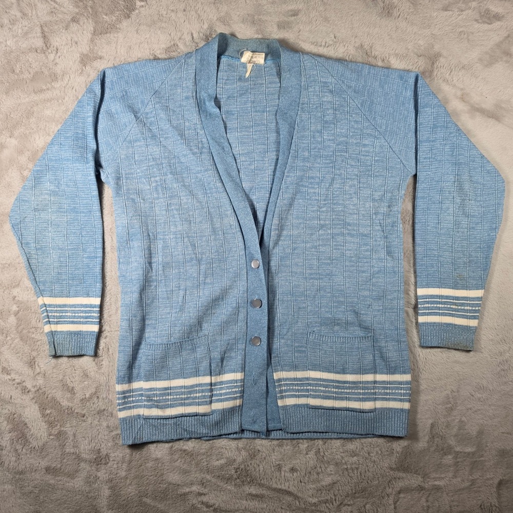 Warmspun Cardigan Sweater Mens Large Blue Vintage 70s 80s Striped V-Neck Pockets